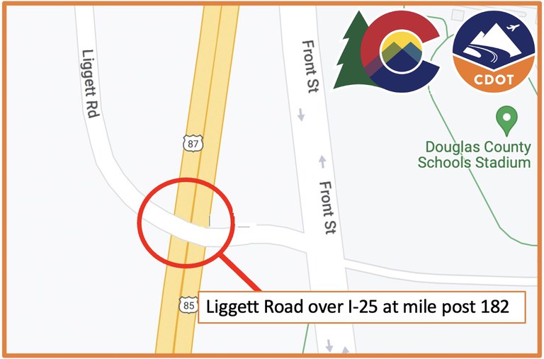 Map showing project location at Ligget Rd. over I-25