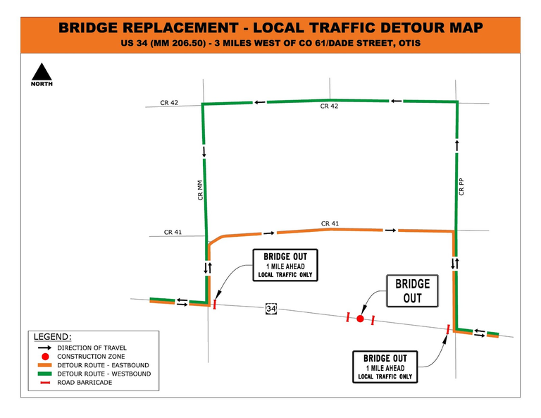 Bridge Replacement Local Traffic Detour Map on US 34 at Mile Point 206 three miles west of CO 61