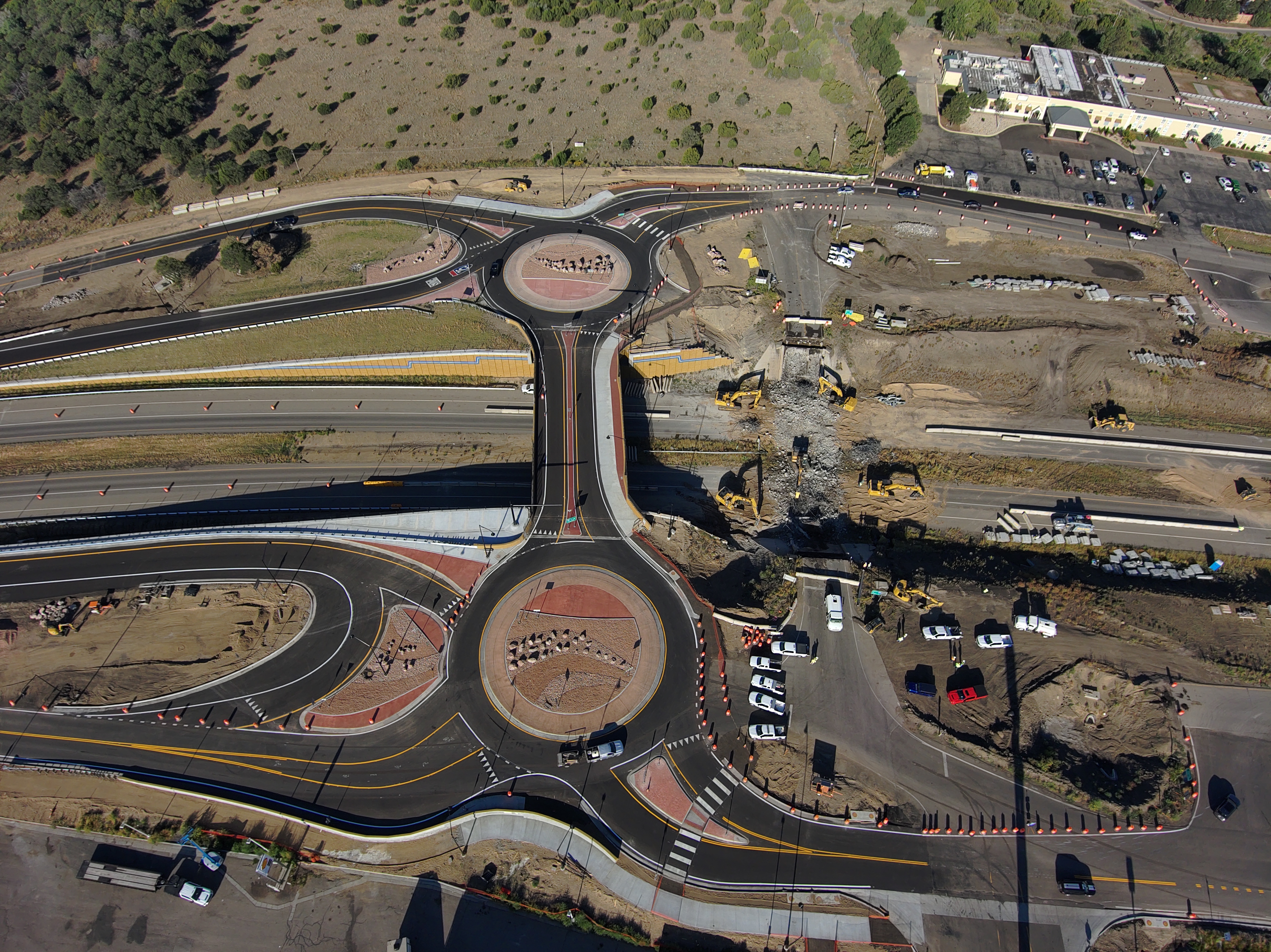 Drone view of new interchange at Exit 11 showing new bridge and roundabouts and removed old bridge. Photo Phil Hull