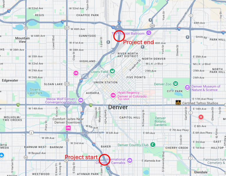 Project location map for I-25 resurfacing in central Denver, Colo.