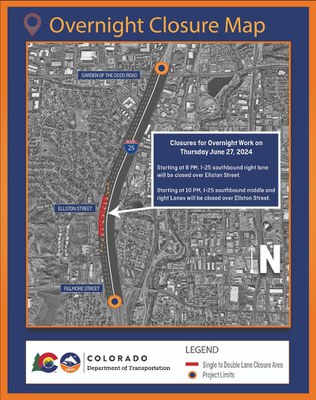 Road map identifying Interstate 25 southbound, right and middle lane closures from Garden of the Gods Road to Fillmore Street for bridge girder placement over Ellston St.