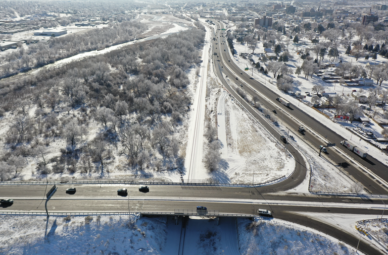 Overhead view of travelers on the I-25 and US 50B intersection.