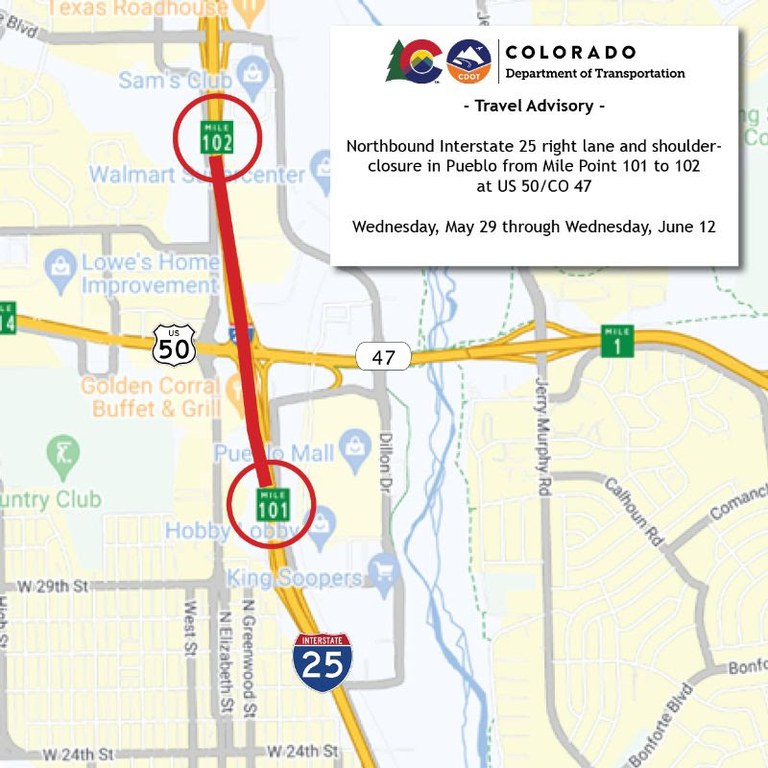Map of I-25 Northbound Right Lane Closure in Pueblo