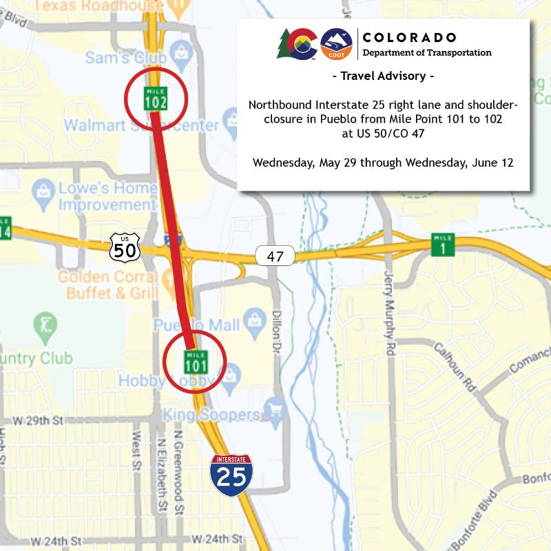 Map of I-25 Northbound Right Lane Closure in Pueblo.jpg detail image