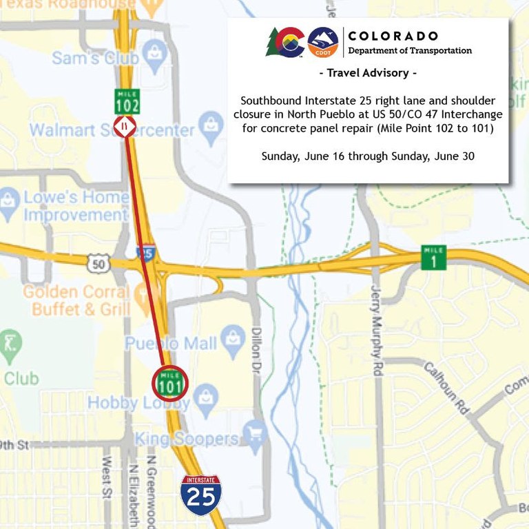 Road map identifying Interstate 25 southbound, right lane and shoulder closure in Pueblo at US 50 & CO 47 (Mile Point 101 to 102).
