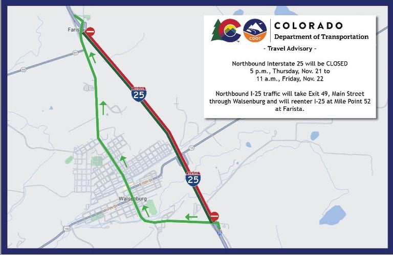 Detour map of northbound Interstate 25 closure at Exit 49 in Walsenburg. Detour takes motorists through Walsenburg on Main Street. Motorists will reenter I-25 at Exit 152 north of Walsenburg.