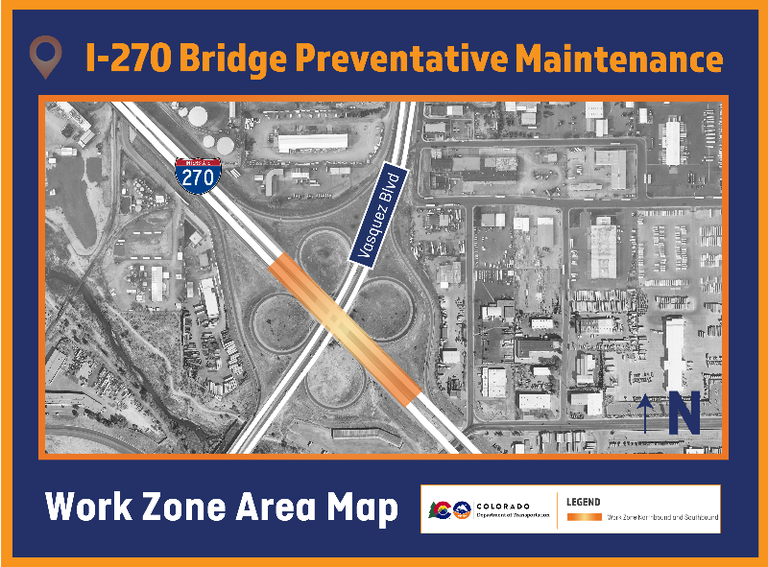 Map showing where work will occur on the I-270 bridge over Vasquez Boulevard in Adams County