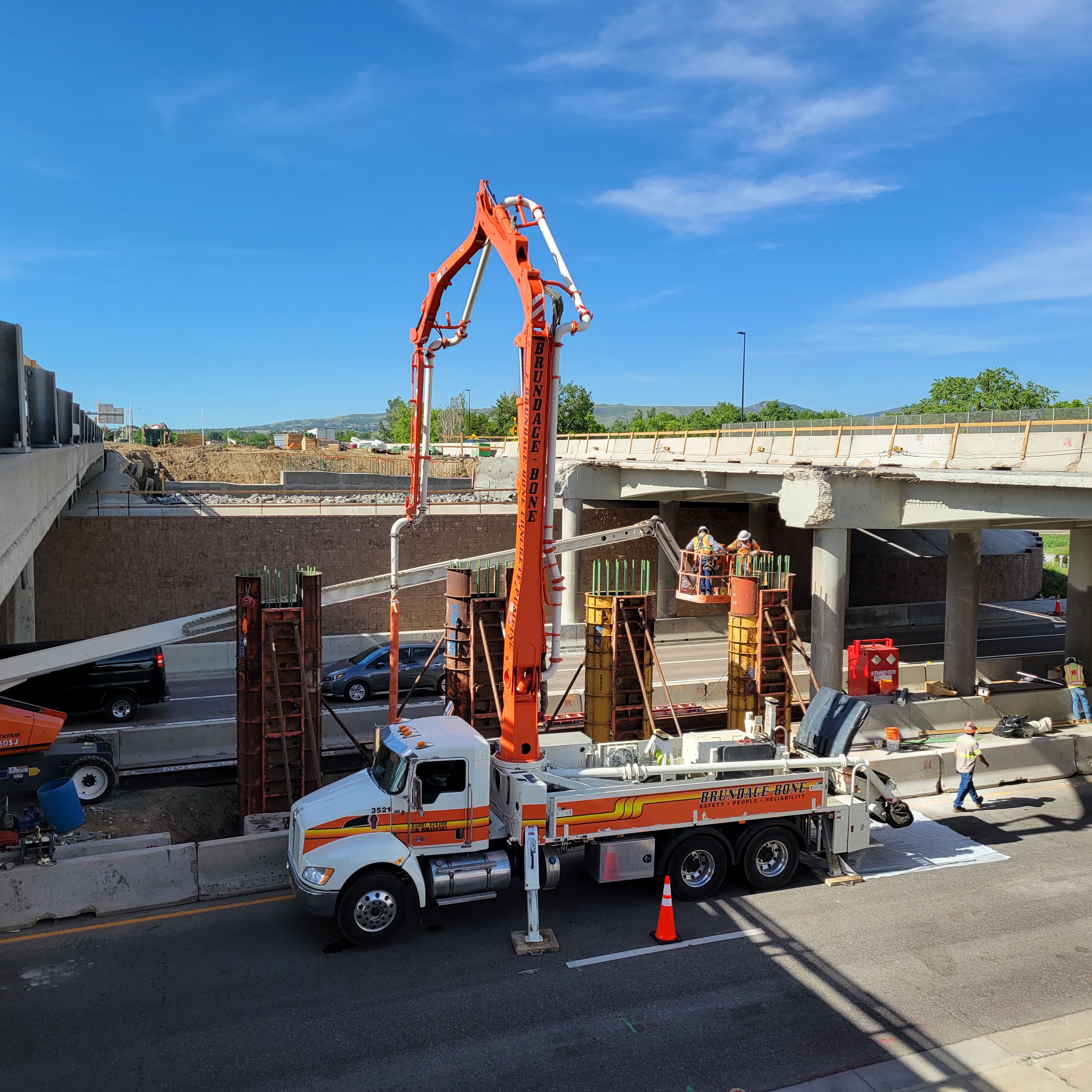 View of Kraemer North America crews pouring pier 2 columns for the new westbound I-70 bridge. Photo Sara Aupperle