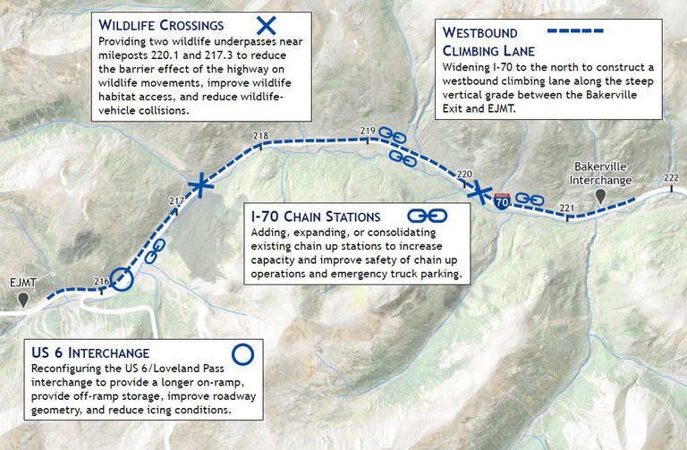 Map showing the locations and elements of the I-70 EJMT Bakerville Climbing lane stufy