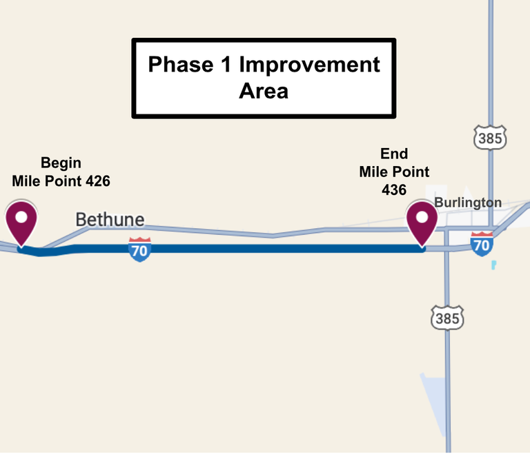 Map showing location of I-70 Bethune to Burlington Phase 1 project