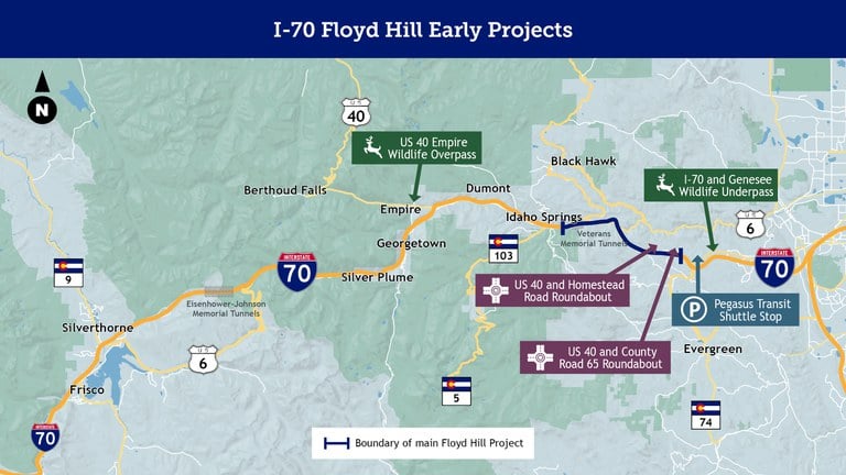 Map of the five  I-70 Floyd Hill Early Projects locations and titles, which include the US 40 Empire Wildlife Overpass, the US 40 and Homestead Road Roundabout, the US 40 and County Road 65 Roundabout, the Pegasus Transit Shuttle Stop and the I-70 and Genesee Wildlife Underpass. 