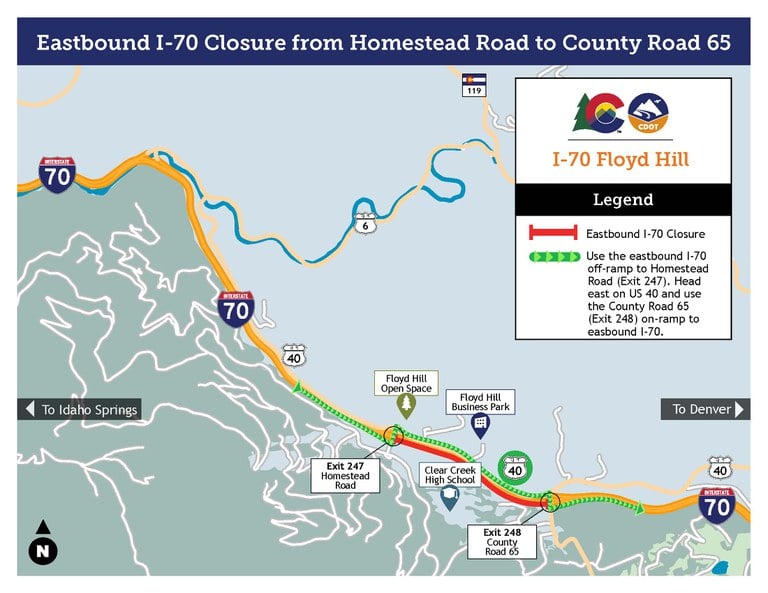 Map of Eastbound I-70 Closure from Homestead Road to County Road 65