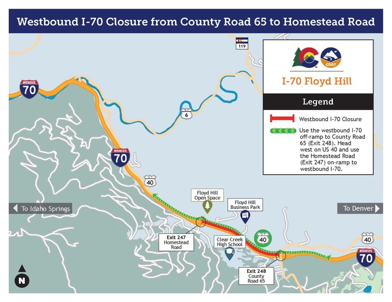 Map of Westbound I-70 Closure from County Road 65 to Homestead Road