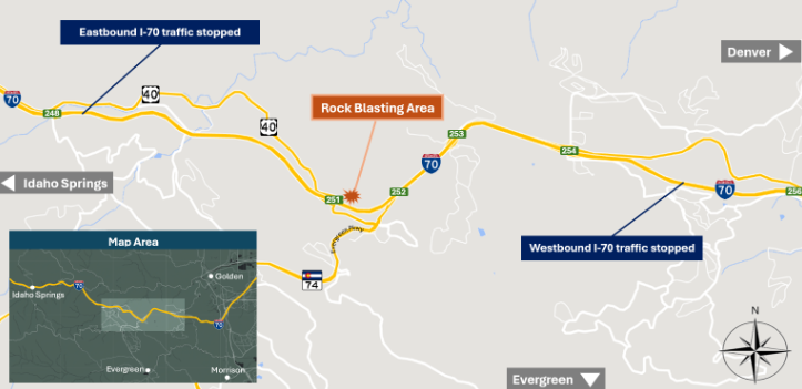 Map of the rock blasting location near I-70 and El Rancho (Exit 251) along with the eastbound and westbound I-70 traffic hold locations