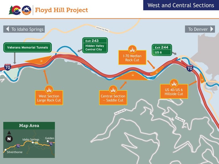 Map of rock blasting locations in the west and central sections of the I-70 Floyd Hill Project