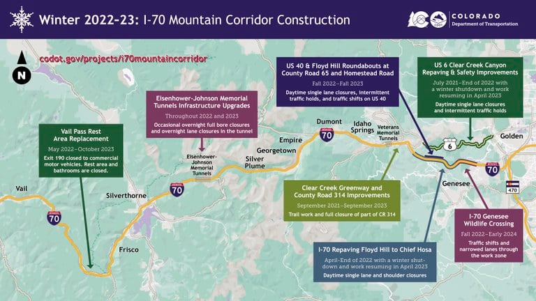 I-70 Mountain Corridor Project Map for Winter 2022-23