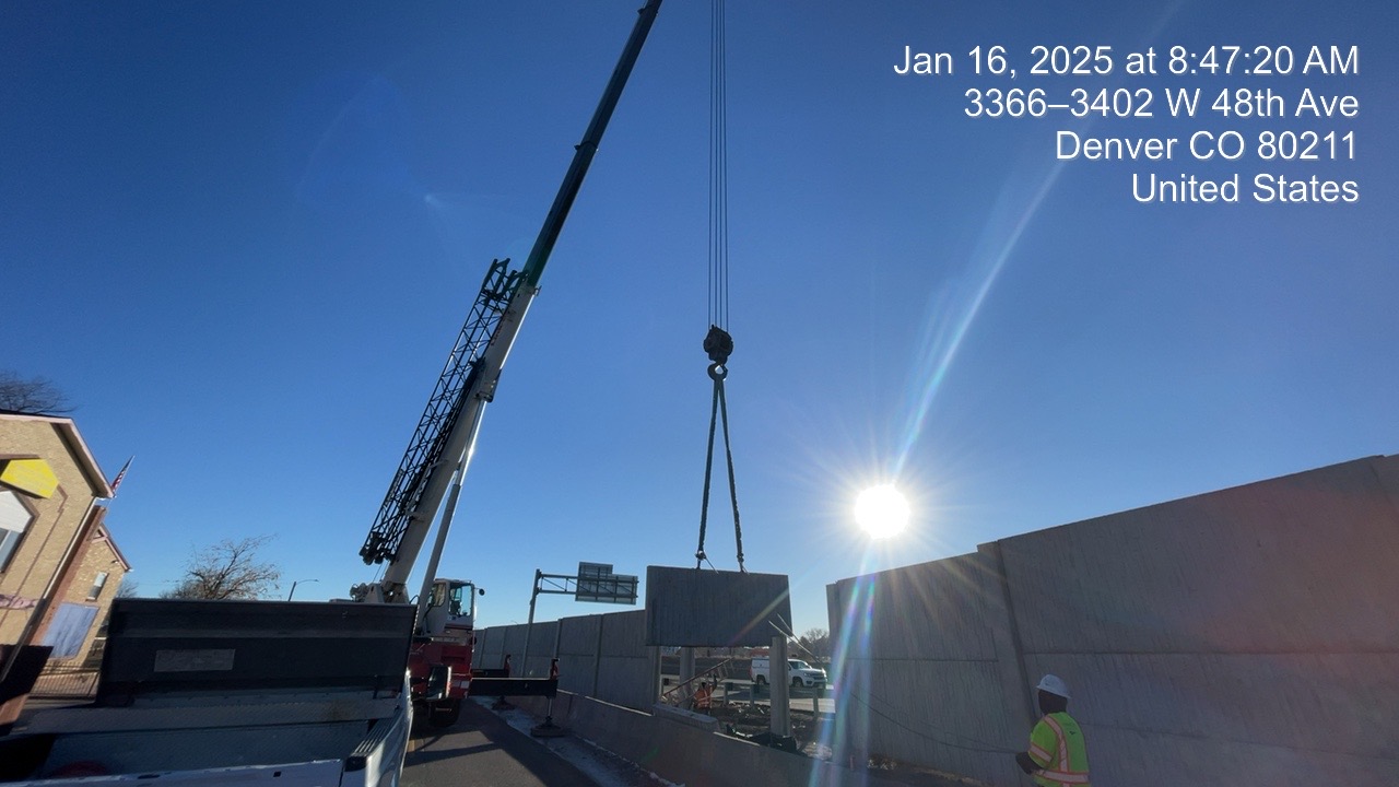 I-70 Noise Wall Replacement I-76 to Pecos Street Concrete noise wall panel installation near Knox Court January 2025.JPG detail image