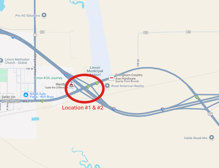 Map of I-70 Rural Bridge Rehabilitation project locations on east- and westbound I-70 & Kyle railroad in Limon, CO