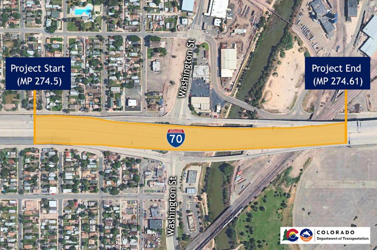 Map of the I-70 bridge over Washington Street where the work will occur in Denver