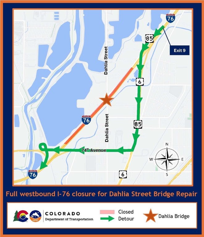 Map of full westbound I-76 closure for Dahlia Street bridge repair