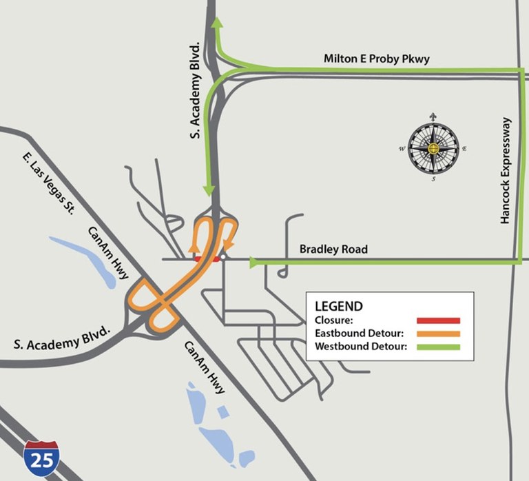 Detour map for west- and eastbound Bradley Road traffic under South Academy Boulevard bridge..