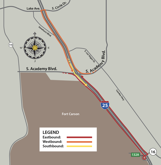 Map of I-25 between CO 16 and Santa Fe Avenue in Colorado Springs