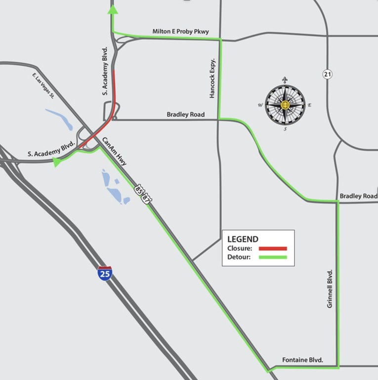 Detour for closure of northbound South Academy Boulevard between US 8587 and Milton Proby Parkway