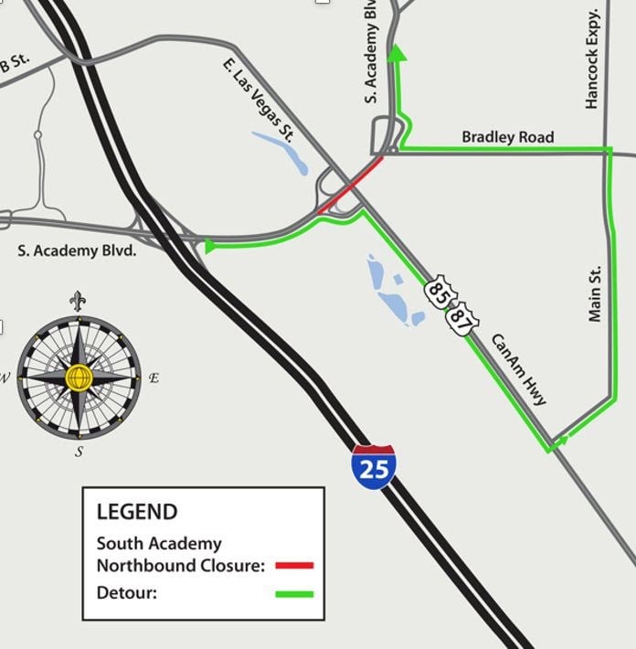 Detour map for closure of northbound South Academy Boulevard