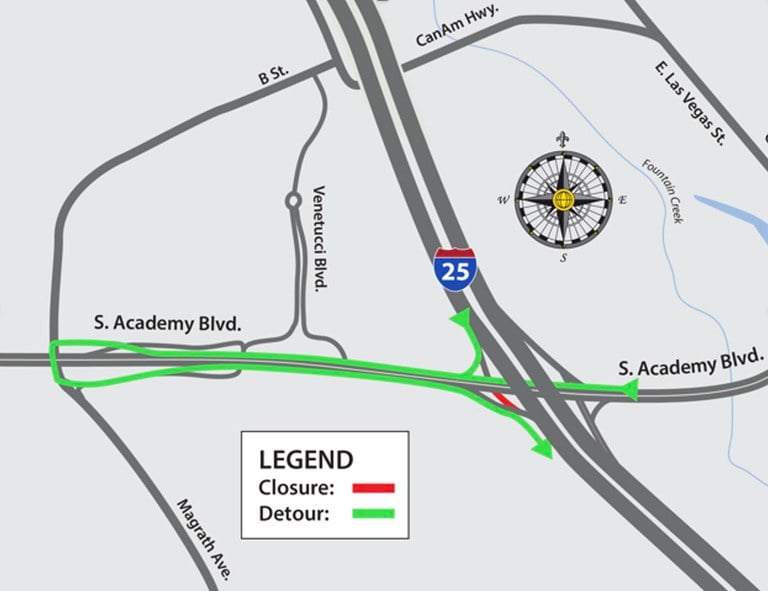 Detour map for closure at southbound I-25 on-ramp from westbound South Academy Boulevard