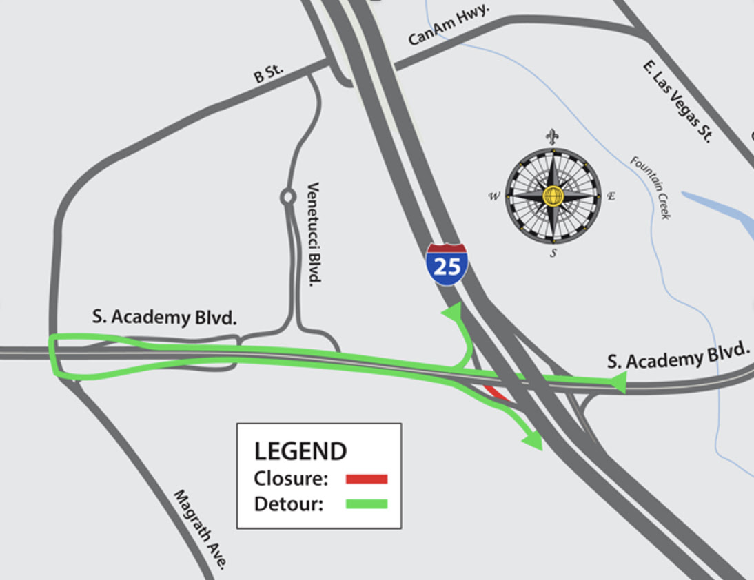 Detour map for closure at southbound I-25 on-ramp from westbound South Academy Boulevard.jpg detail image