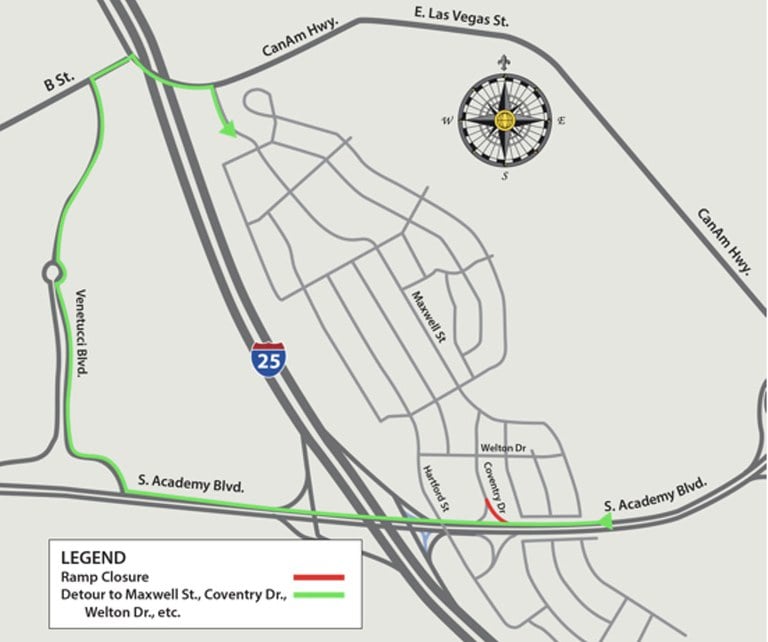 Detour for Southbound South Academy Boulevard off-ramp to Coventry Drive.