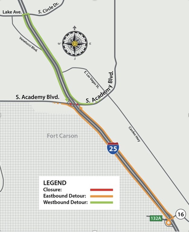 Detour map for closure of eastbound and westbound South Academy Boulevard on Sept. 30. 2024