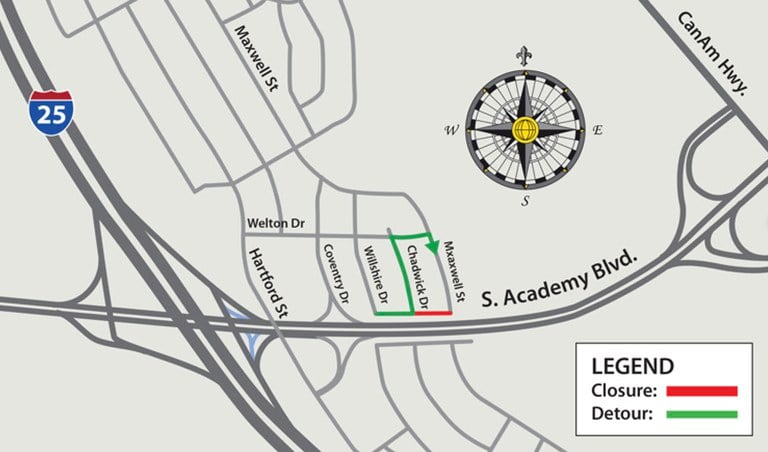 Detour for closure of Maxwell Street near South Academy Boulevard