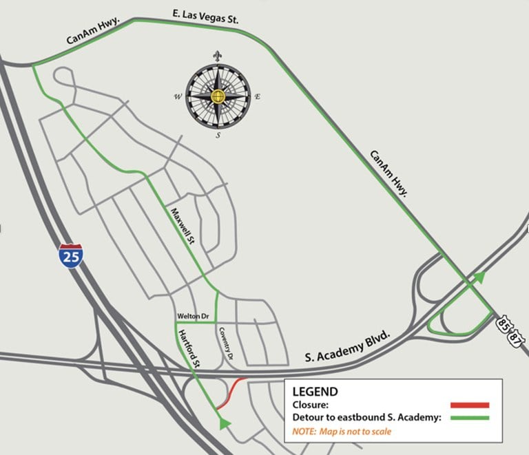 Detour map for closure of northbound South Academy Boulevard on-ramp from Hartford Street