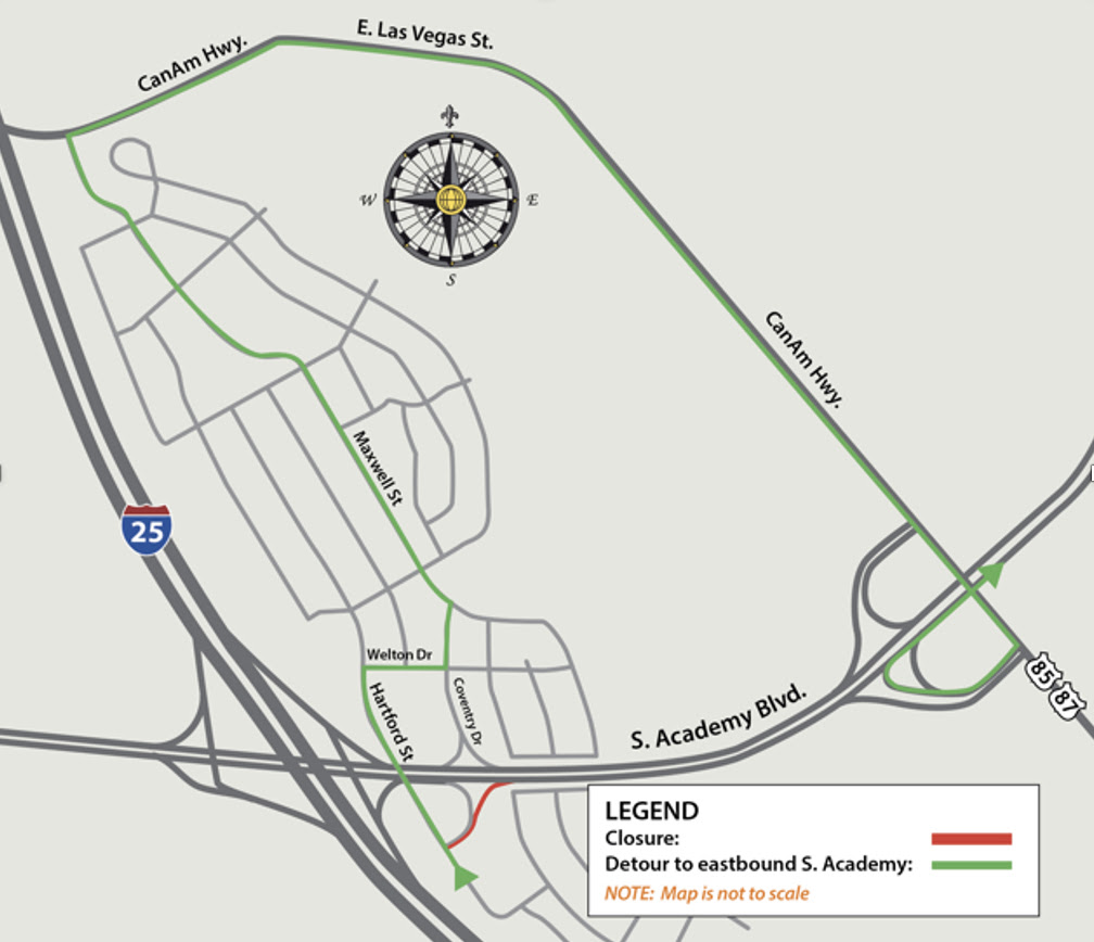 Detour map for closure of northbound South Academy Boulevard on-ramp from Hartford Street.jpg detail image