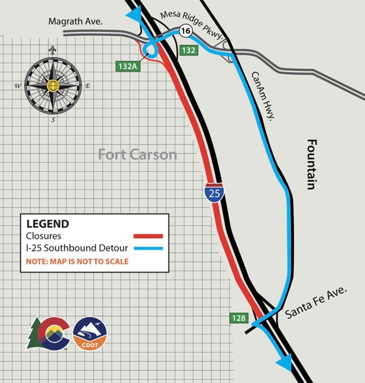 Detour map for closure of southbound I-25 between Mesa Ridge Parkway and Santa Fe Avenue