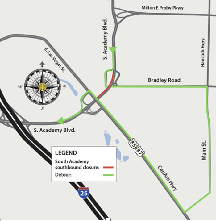 Detour map for closure at southbound South Academy Boulevard