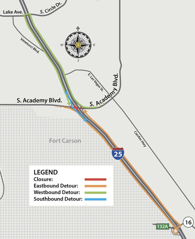 Detour route for full closure of South Academy Boulevard