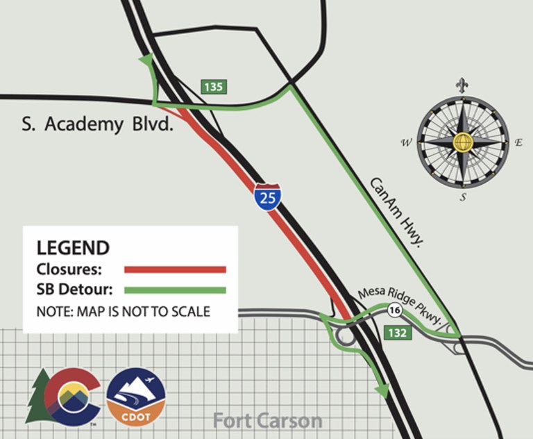 Detour map for full closures of southbound I-25 between South Academy Boulevard and Mesa Ridge Parkway on Oct. 2