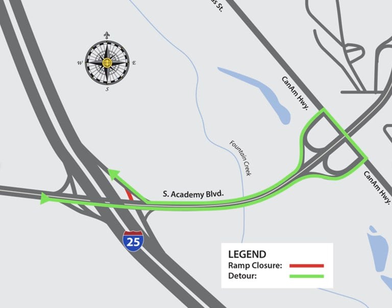 Detour map for northbound I-25 on-ramp closure from eastbound South Academy Boulevard