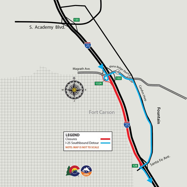 Detour map for southbound I-25 closure from Santa Fe to Mesa Ridge Parkway 