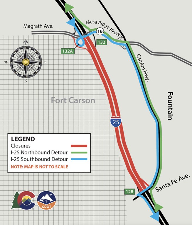 Detour map for  I-25 closure from Santa Fe to Mesa Ridge Parkway 