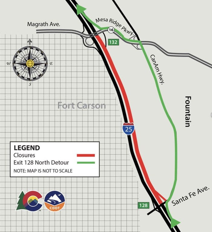 Detour map for closure of northbound I-25 between Santa Fe Avenue and Mesa Ridge Parkway