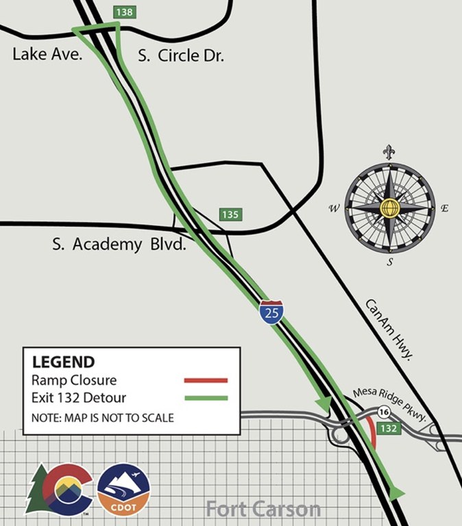 Detour map for northbound I-25 off-ramp closure