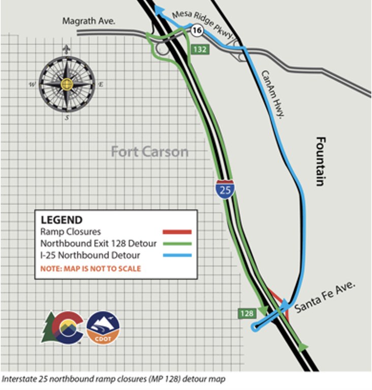 Detour map for northbound I-25 ramp closures at mile point 128