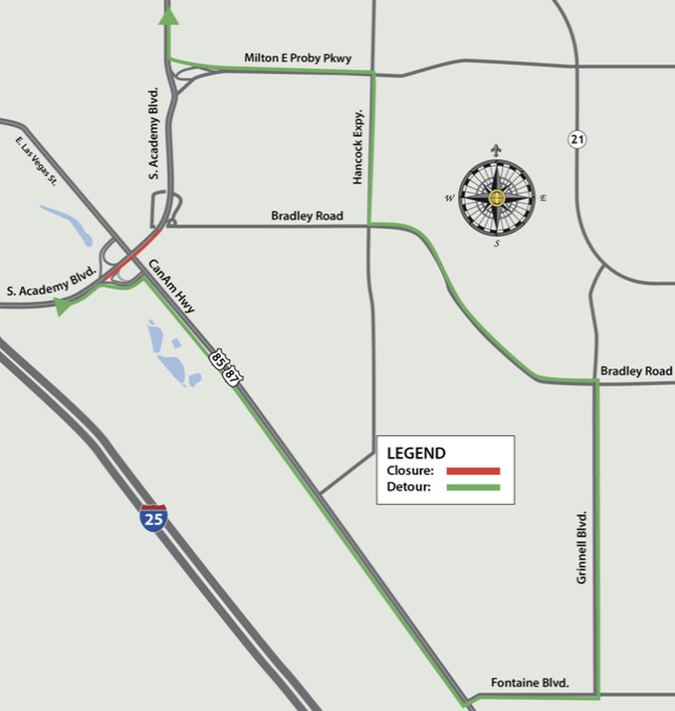 detour map northbound south academy boulevard closure US 85 and Bradley road.jpg detail image