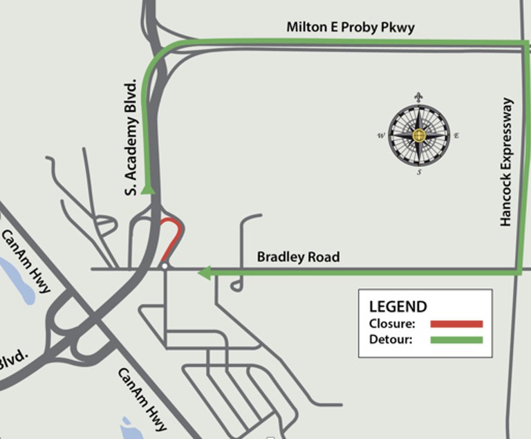 Detour map for northbound South Academy Boulevard off-ramp closure to Bradley Road