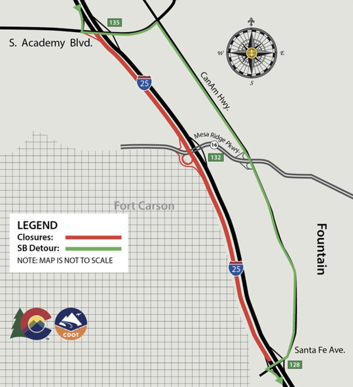 Detour map of closure of southbound I-25 between South Academy and Santa Fe Avenue on Oct. 1, 2024