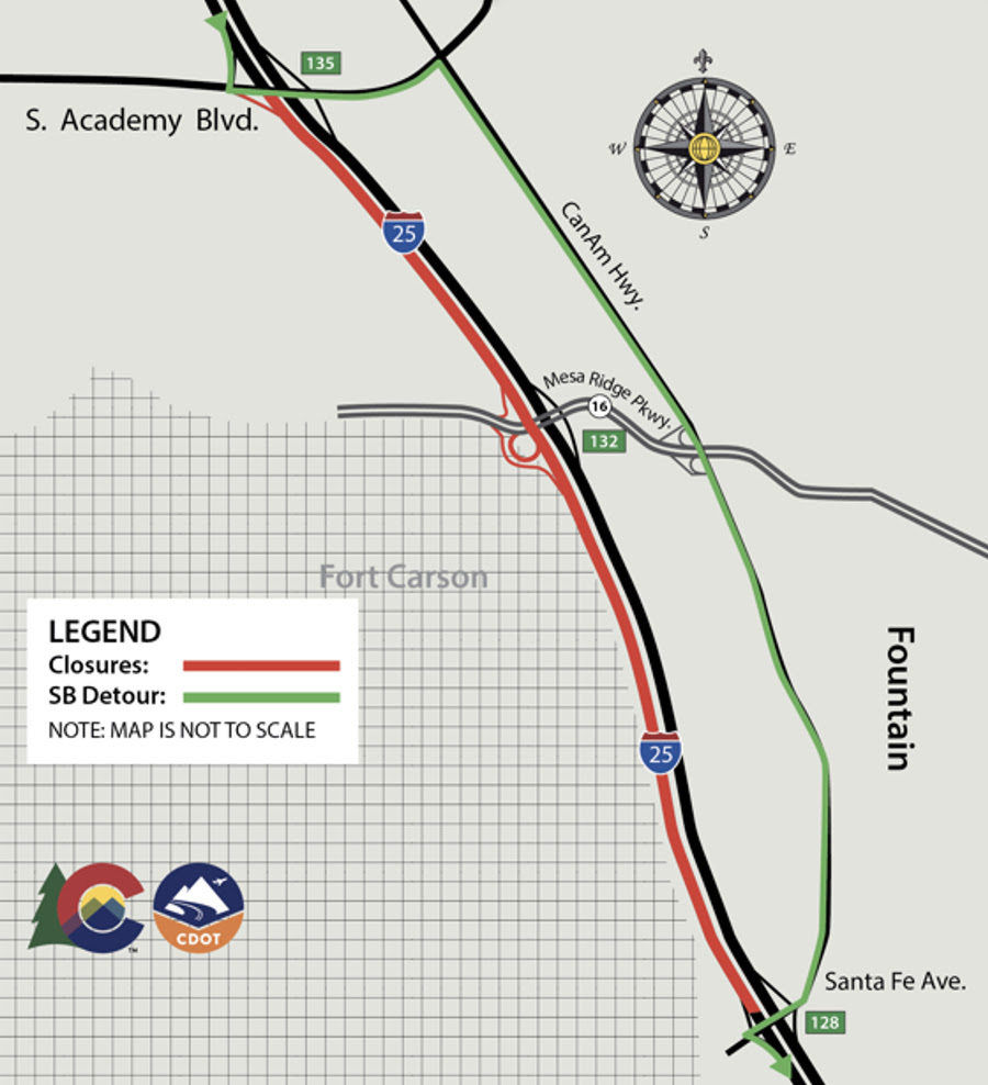 Detour map of closure of southbound I-25 between South Academy and Santa Fe Avenue 10012024.jpg detail image