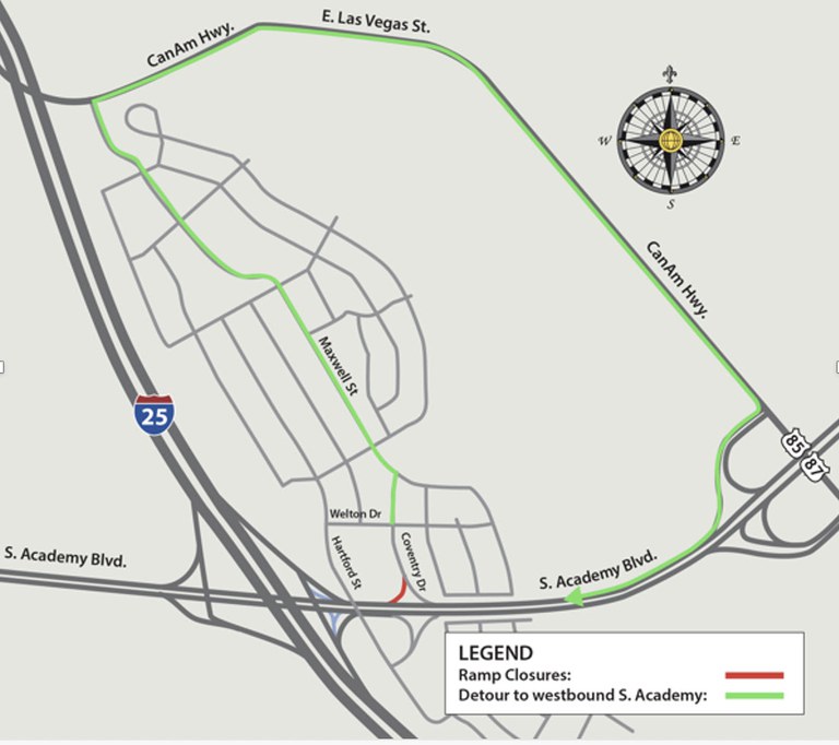 Detour map of full closure of the on-ramp from Coventry Drive to westbound South Academy Boulevard on Oct. 1, 2024